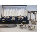 A Victorian or Edwardian silver spectacle case, marks rubbed, together with other silver oddments