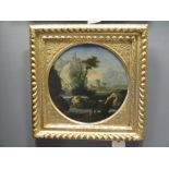 An Italian 18th century landscape with figures in the foreground, oil on canvas, 34cm diameter