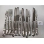 Six 19th century electroplate dessert forks with shell and thread patterned handle together with