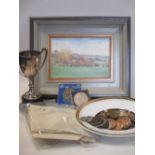 A miscellaneous lot to include a small picture, postal ephemera, coins, a silver cup and a plate