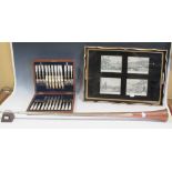 Cased fruit knives and forks, a coaching horn, stand and a tray