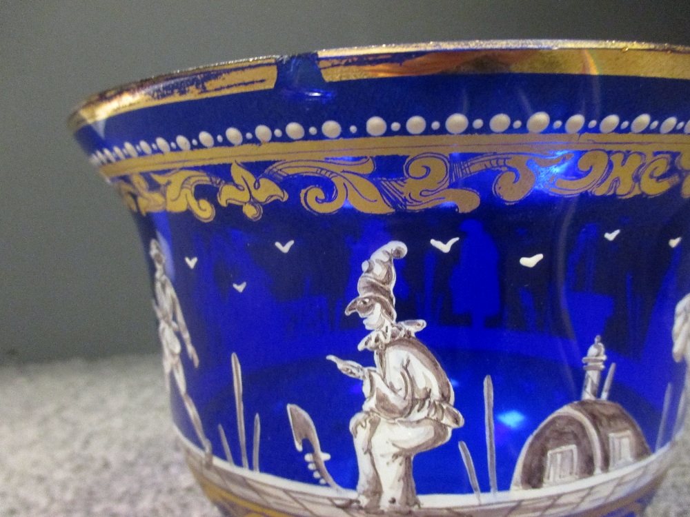 A Venetian blue glass and decorated stem bowl with characters to the side (small rim chip) - Image 4 of 4