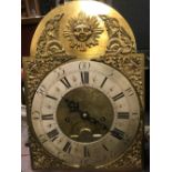 An oak hooded wall clock, brass dial signed John Boot, Sutton Ashfield, associated 8 day movement,