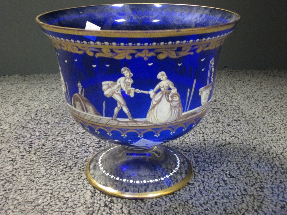 A Venetian blue glass and decorated stem bowl with characters to the side (small rim chip) - Image 2 of 4