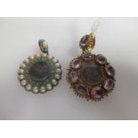Two hairwork pendants, the first a round pendant of pale pink foil backed hardstones surrounding a