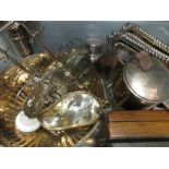 A pair of plated entrée dishes, a large electroplate punch bowl and various other plated wares
