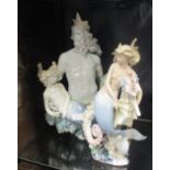 A Lladro figure of Posiedon with a mermaid on his arm together with a mermaid on a sea horse,