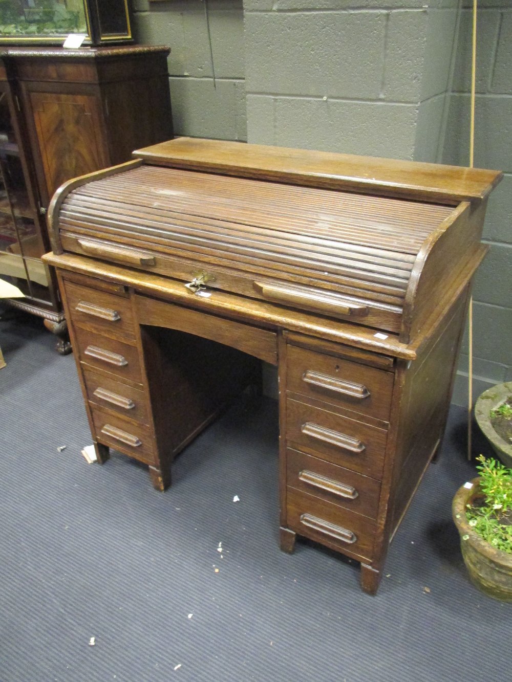 A small oak roll top pedestal desk with six drawers, 107cm wide - Image 2 of 3
