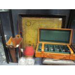 A glazed county map tray, leather cased champagne flutes, light shades, etc