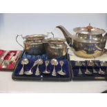 A silver teaset including sugar and milk, together with two cased teaspoon sets and a christening