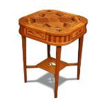 An early 20th century oak occasional table, the square top with rounded corners, marquetry and