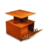 A 1960's/70's teak drinks table, the square top above four even open shelves, opposing cupboards