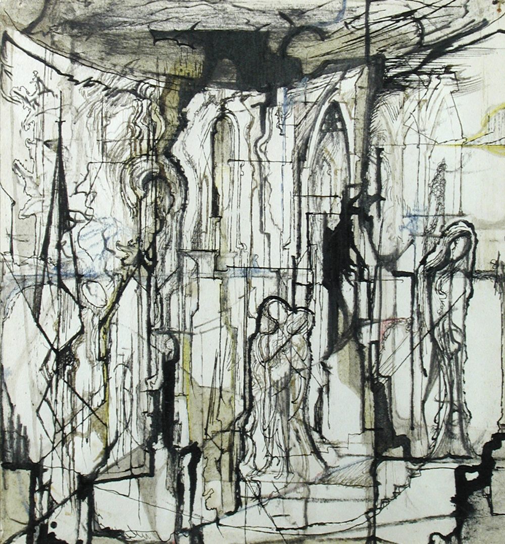 § Leslie Hurry (British, 1909-1978) Abstract drawing with figures in a Cathedral pen and ink 19 x