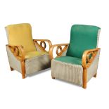 A pair of Art Deco armchairs, the upholstered chairs with beech frames, the open arms with