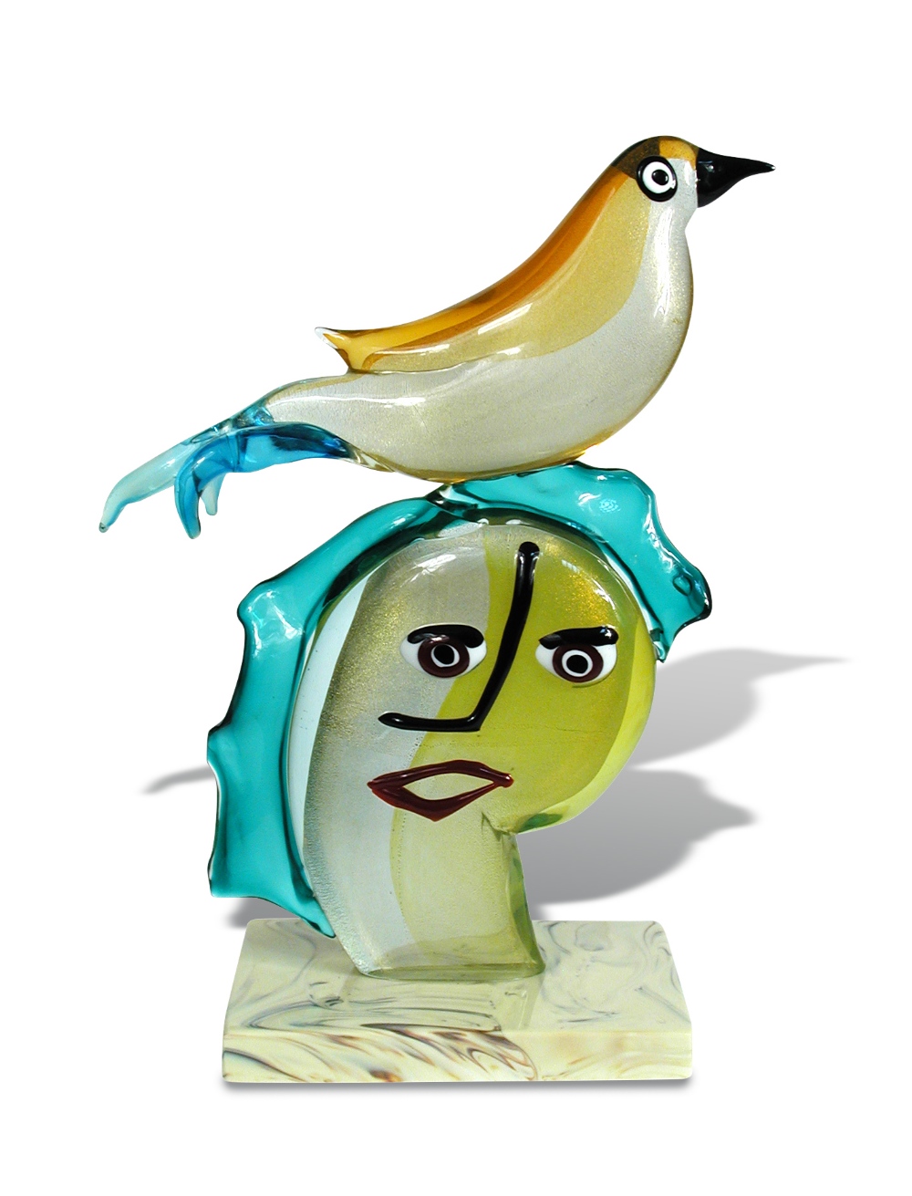 § Alessandro Barbaro for Murano, a Picasso style glass head, surmounted with a bird, mounted to a