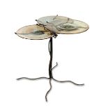 A Murano glass and wrought iron three-tiered occasional table, the tree-like wrought iron stand