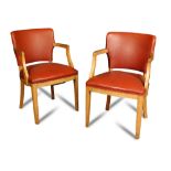 A pair of 1930's beech-framed open-armchairs, upholstered in their original red leatherette 80cm (