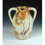 A Clarice Cliff Rhodanthe pattern twin-handled lotus vase, printed marks 30cm (12in) Heavily