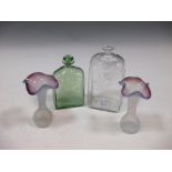 A pair of Art Nouveau opaque vases and two 19th century decanters