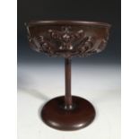 An Art Nouveau copper tazza, embossed with scrolling tendrils and raised on cylindrical column and