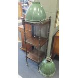 A Victorian Whatnot on brass casters (109 x 35 x 35cm) and 5 retro green lamp shades (6)