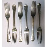 A set of six Edwardian silver Old English bright cut table forks, by Sebastian Henry Garrard, London