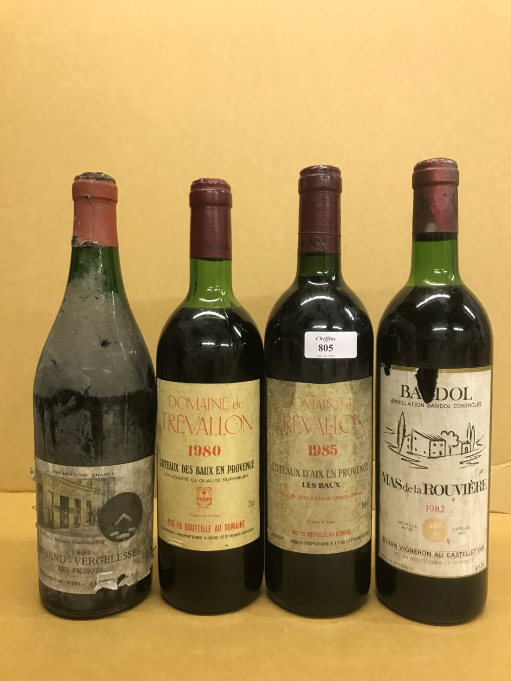 French wines. Domaine de Trevallon 1980, 1 bottle (upper shoulder); another 1985 (base of neck);