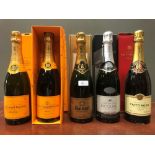 Champagne NV, 9 standard size bottles in boxes including Mumm, Bollinger, Veuve Clicquot, Ruinart