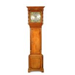 A late George III oak and crossbanded longcase clock, the rectangular hood with geometric inlaid