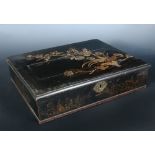 A late 17th / early 18th lacquered lace box, the hinged rectangular lid gold lacquered with relief