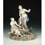 A Meissen porcelain figure group 'Capture of The Infant Triton', circa 1900, depicting two nymphs