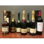 Various wines and spirits. Bollinger Cuvee Speciale (boxed with two glasses), Boulard Calvados XO,