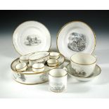 An assortment of early 19th century bat-printed tea and coffee wares, each printed with country