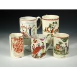 Five late 18th/early 19th century creamware tankards, two painted with Chinoiserie scenes, another