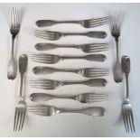 Twelve Scottish William IV silver fiddle pattern dessert forks, by J Murray or J Muir Jnr, Glasgow