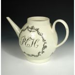 A late 18th century large creamware jug, the body printed en-grisaille with 'The Farmers Arms',