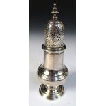 A George II silver caster, by Samuel Wood, London 1756, of plain baluster form with moulded girdle