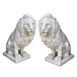 A pair of painted cast plaster guard lions, 20th century, (2) 85 x 35 x 85cm (33 x 14 x 33in)