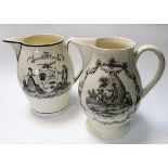 An early 19th century creamware pear shaped jug, printed en-grisaille with 'The Farmers Arms',