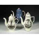 An 18th century Leeds creamware pear shaped coffee pot and cover, decorated in a blue slip glaze,