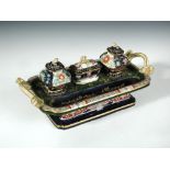 A 19th century Mason's two handled ink stand, of shaped rectangular pedestal form, the top with