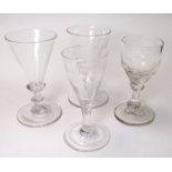 Four various early 19th century glasses, one of the two with conical bowls inscribed for 'H