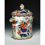 A 19th century Mason's ironstone two handled imari dole/bread bin and cover, of slender ovoid form