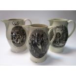An 18th century creamware pear shaped jug, printed en-grisaille with 'The Flowing Cann', the