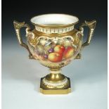 A Royal Worcester two handled vase, the lobed body painted by H. Ayrton with apples and cherries,