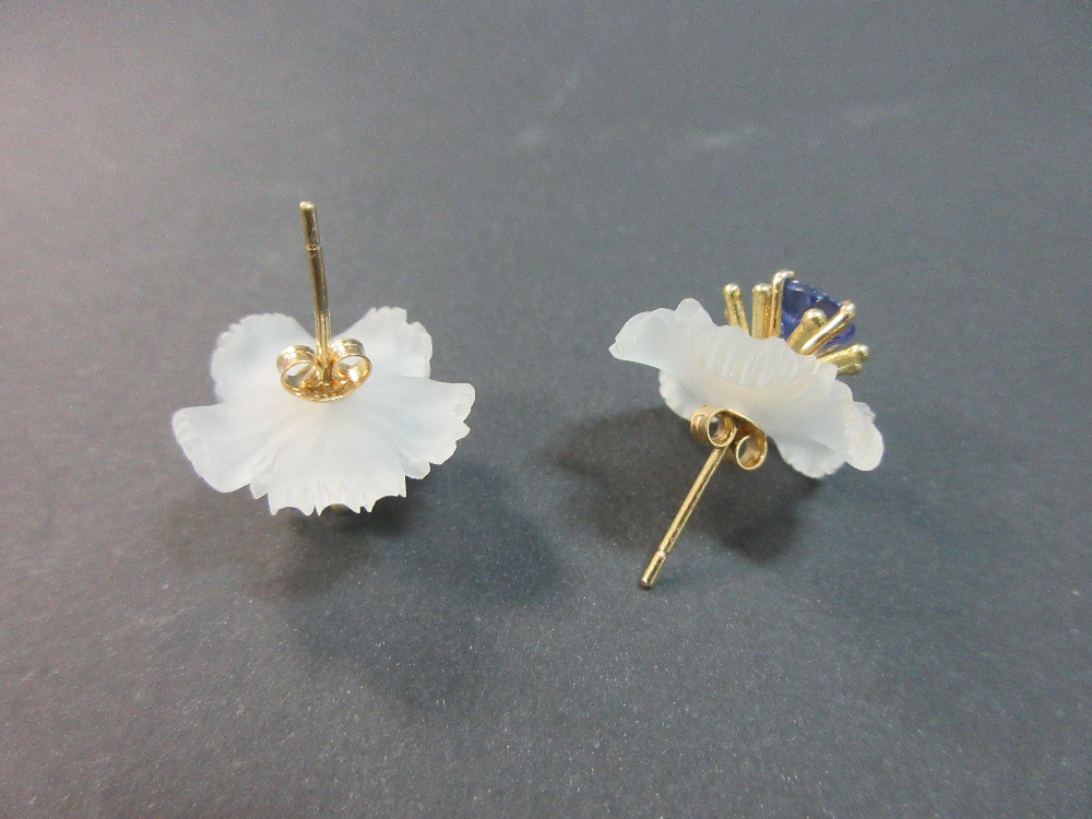 A pair of adaptable tanzanite and rock crystal earrings, designed as flowers in three parts, with - Image 3 of 4