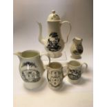 Various items of late 18th/early 19th century en-grisaille printed creamware pottery, to include a