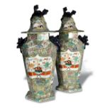 A rare pair of large and impressive Mason's vases and covers, circa 1830, each of pedestal hexagonal