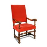 A French walnut elbow chair, early 18th century, upholstered in a red velvet fabric with open