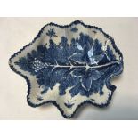 A large bow blue and white pickle leaf dish, painted with leaves, fruiting vine and insects, Chinese